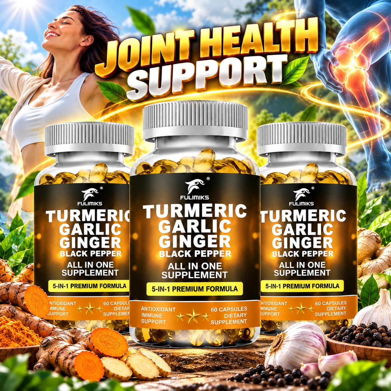 Turmeric Garlic Ginger Black Pepper Complex Supplement, for Joint Comfort & Mobility, Immune Support,Cardiovascular Heart Health
