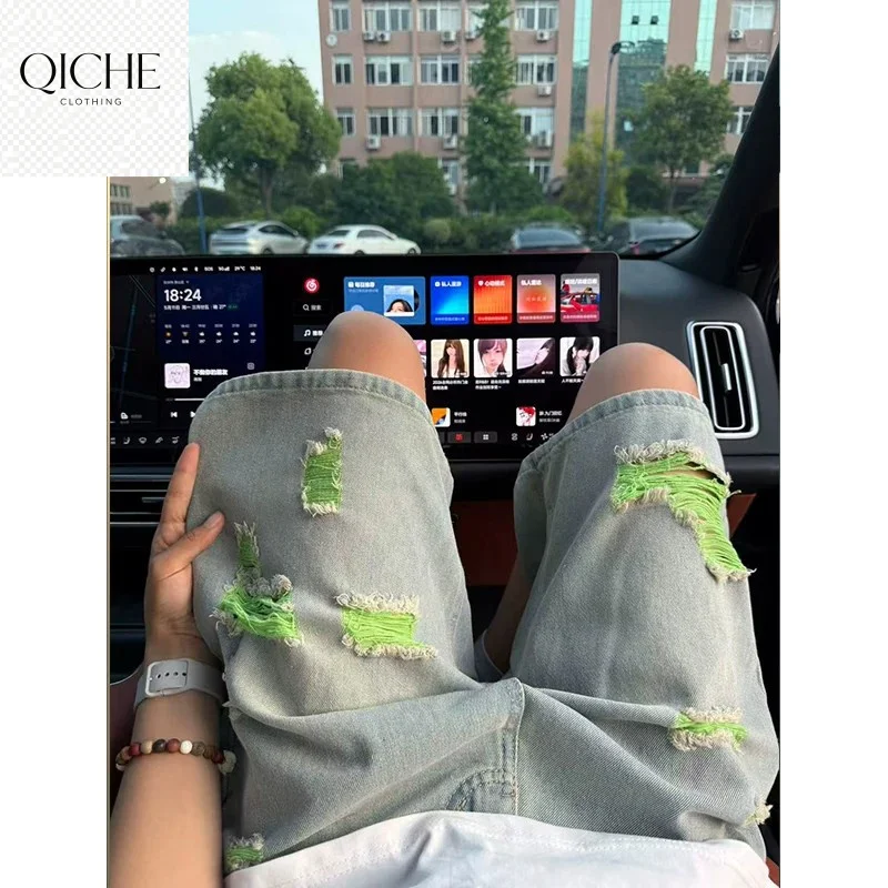 QICHE Vintage Washed 5 Inch Denim Shorts Men Ripped Design Loose Straight Casual Summer Trousers