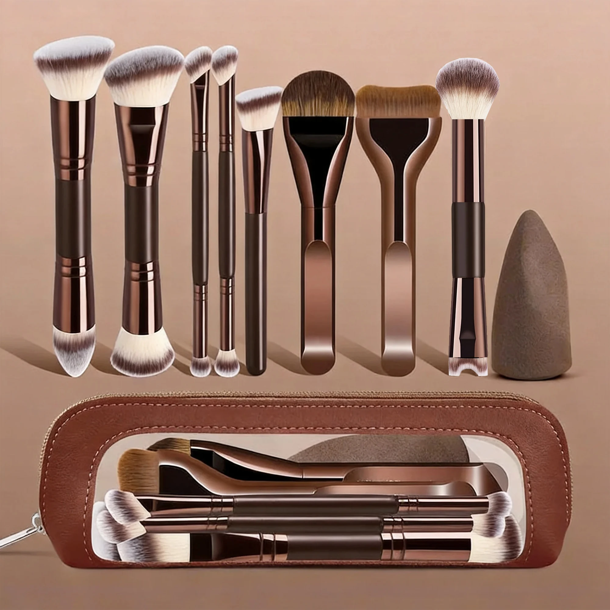 Double Ended Makeup Brush Set, Includes Sponge, Brush Case, Foundation, Blush, Powder, Contour Brushes, Travel Makeup Kit