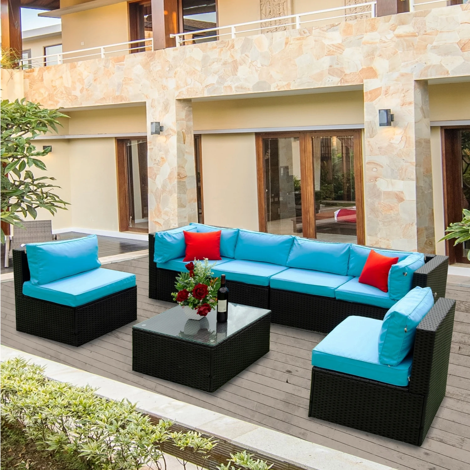 PE Rattan Outdoor Furniture Set - 5 Piece U Sofa with Cushions & 2 Pillows