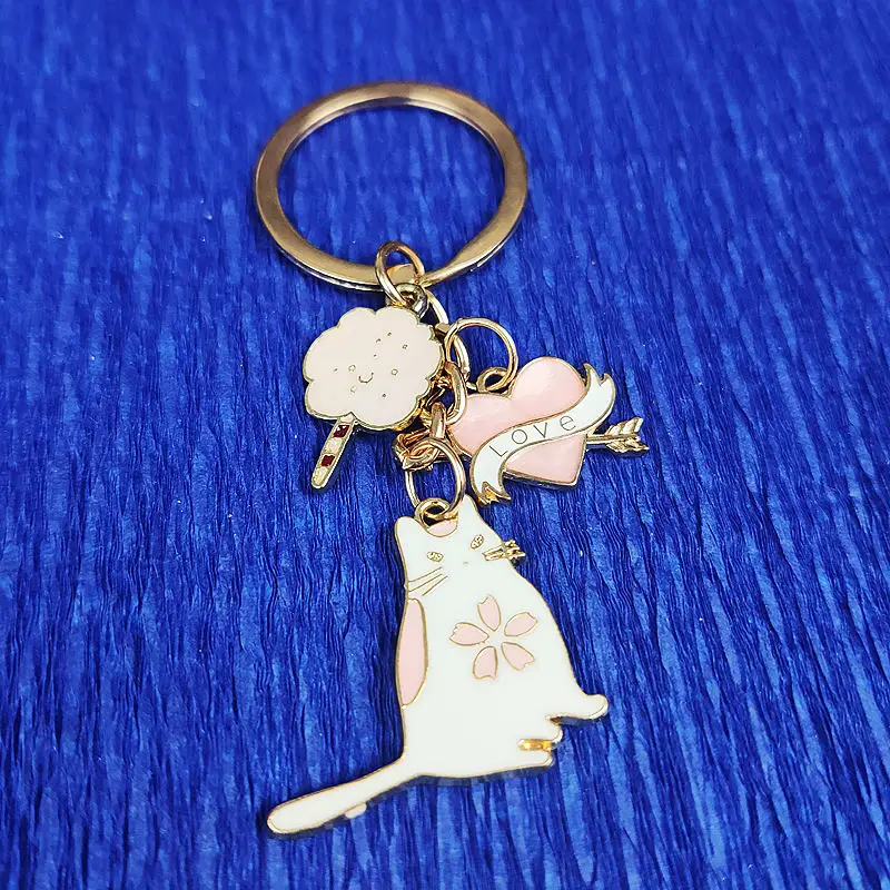 Cat Kitten Marshmallow Heart Key chain Key ring Pink Handmade New Trend Metal Cute Gift Car Pendant Backpack Bag Ornament DK0040