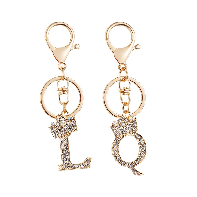 New 26 Letter Crystal Rhinestone Crown Keychain Charm Gold Key Ring Women Bag Ornaments Car Key Holder Accessoreis