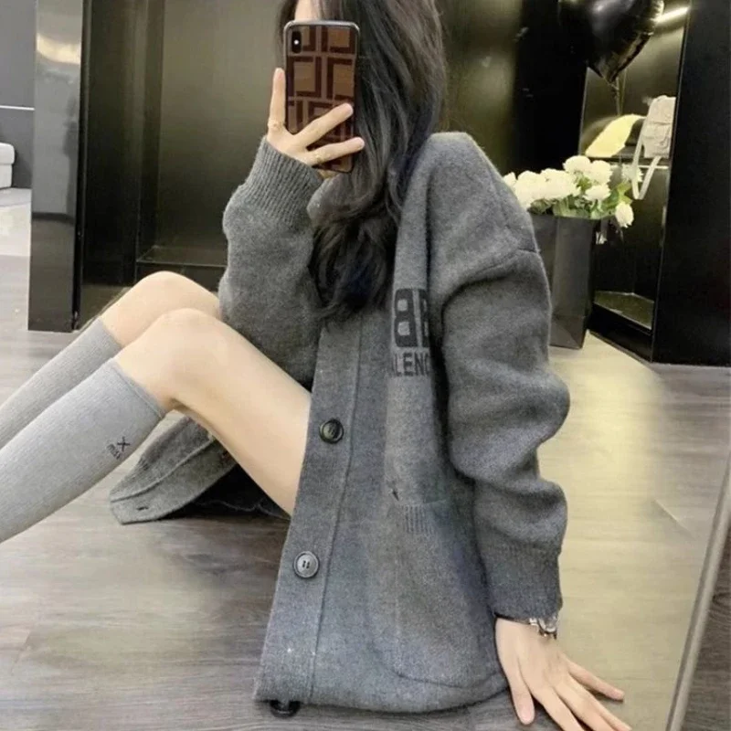 Winter Button Graphic V-neck Knit Tops For Woman Cardigan Long Grey Women\'s Sweater In Promotion Cheap And Korean Style Offers