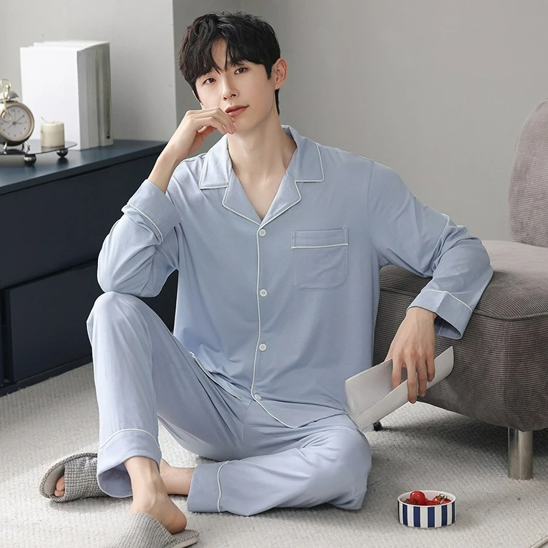 بيجامات رجالية للربيع والخريف سراويل مشروط بأكمام طويلة النسخة الكورية مجموعة ملابس تنحيف مقاس كبير مشاية تهوية #4