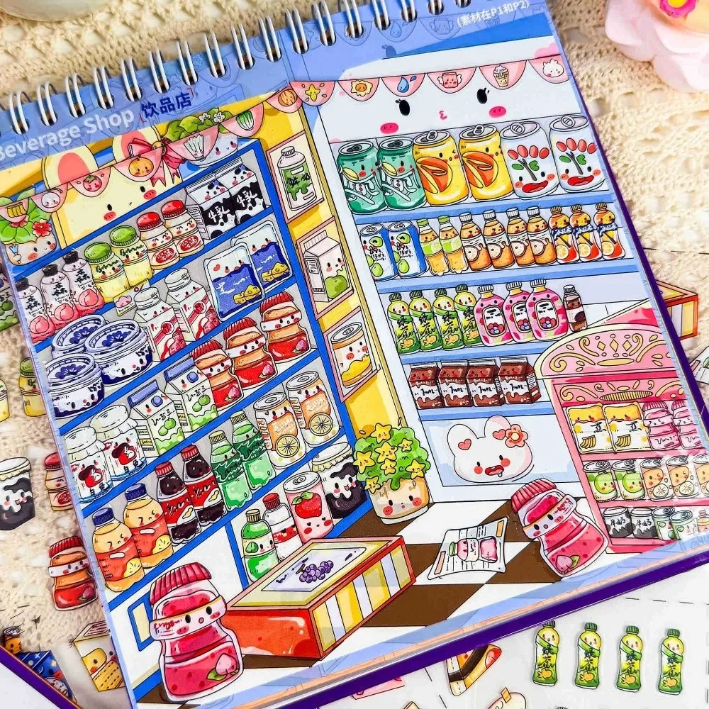 New Supermarket Theme Miniature Scene Sticker 10 Scenes PET Die-cut Scene Sticker Book Large Size Scenery Stickers Holiday Gifts