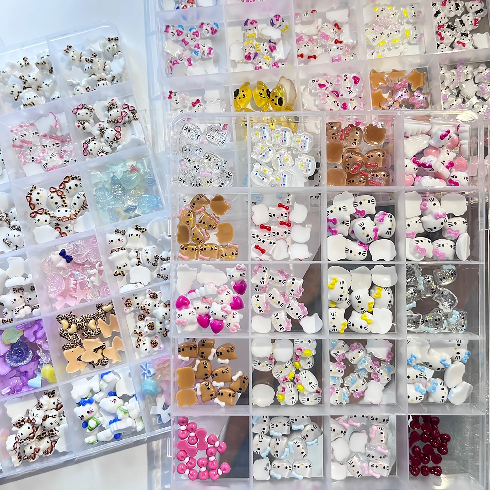 24 rejillas de dibujos animados bonitos de Hello Kitty, dijes para decoración de uñas, cabezas KT 3D rosa/bronceado, decoraciones para uñas con lazo, accesorios para uñas de verano Kawaii DIY