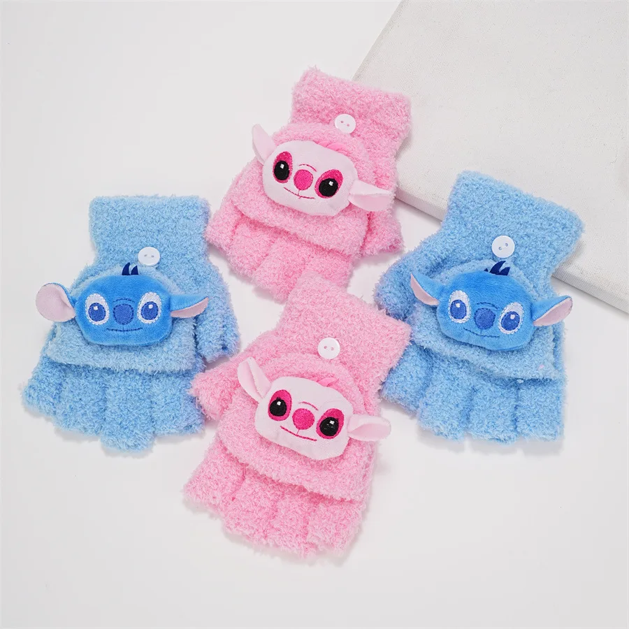 New Anime Stitch Knitted Gloves Kawaii Stitch Half Finger Flip Gloves Warm Outdoor Five Finger Cute Children\'s Gloves