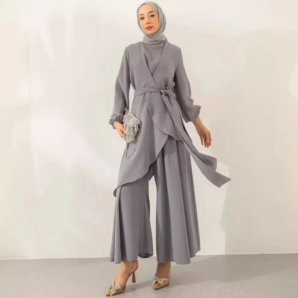 Muslim Two Piece Women Modest Set Top Lace Up Wide Leg Pants Suit Ramadan Morocco Dubai Islam Casual Ensemble Arabic Outfits
