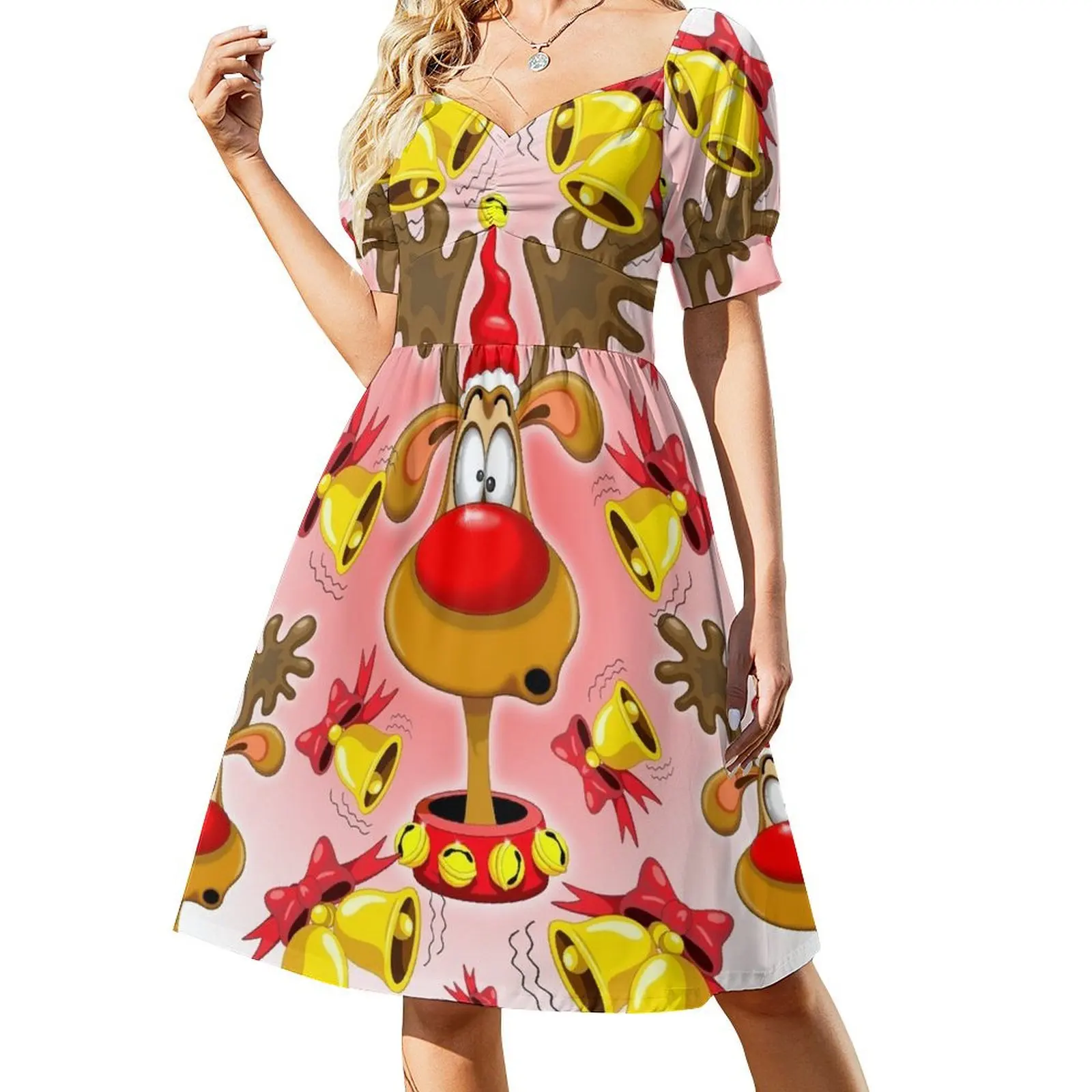 

Reindeer Fun Christmas Cartoon with Bells Alarms Dress clothes for woman dress korean style Dress for pregnant women