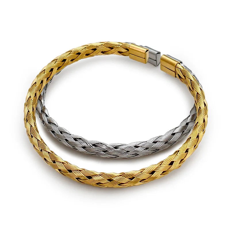 Woven Bracelet for Women, Adjustable Open-End Bangle 18K Gold Plated Stainless Steel, Delicate Hypoallergenic Jewelry Gift