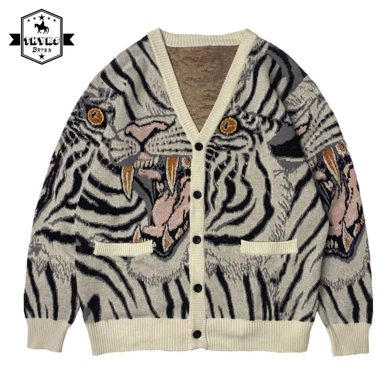 

Mens Sweater Kapital Vintage Jacquard Tiger Totem Pattern Knitted V-neck Japanese Harajuku Cardigan Unisex Loose Coat Autumn