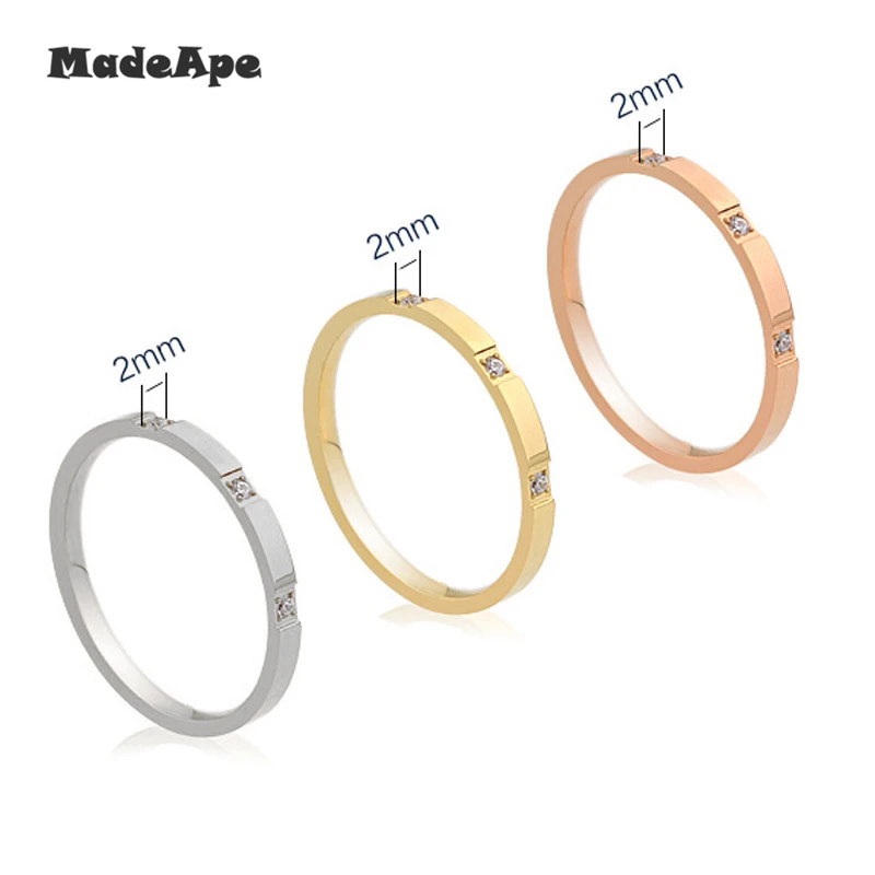 MadApe Fashion 2mm Width Titanium Steel Women Zircon Ring Stainless Steel Simple Couple Ring For Women Men Wedding Ring