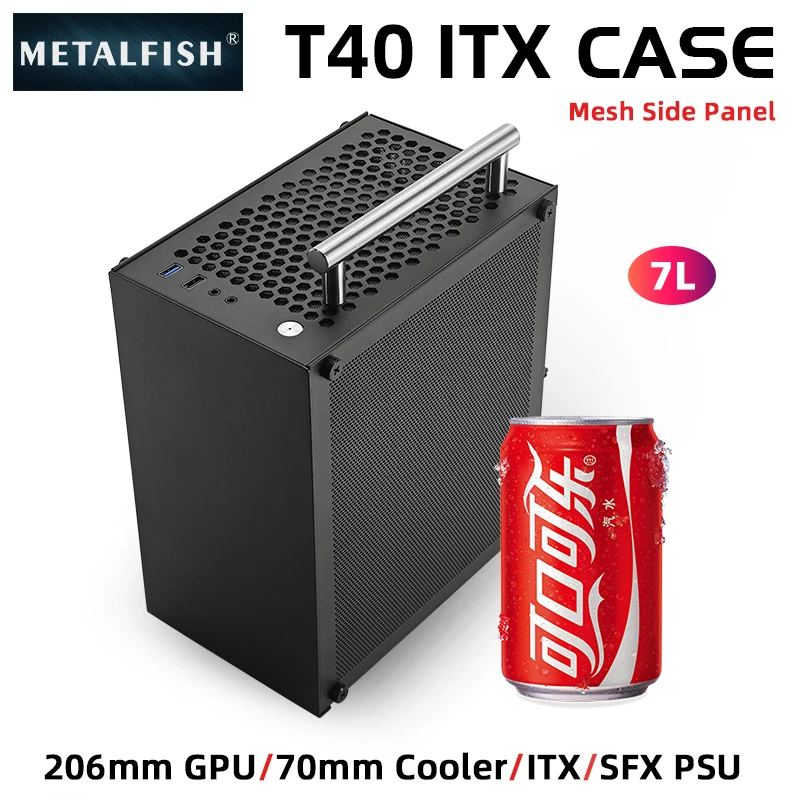 METALFISH T40 Mini ITX Black Case 7L Gaming Computer Chassis Compact transparent PC Support SFX PSU/70mm Cooler With Handle