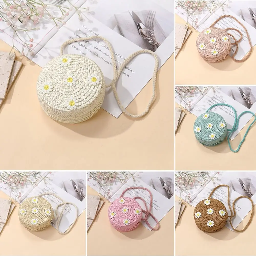 Fashion Small Daisy Straw Bag Woven Round Shape Crossbody Bag Handmade Shoulder Bag for Children Girls