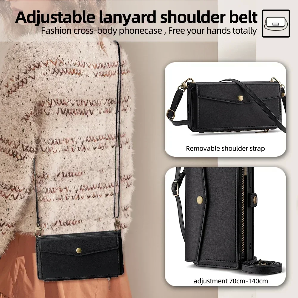 Lanyard Case for Xiaomi 12T 12T 12 12S 13 13T Flip Leather Wallet Cards for Xiaomi 14 Lite 12X 12S Poco F6 Pro Holder Cover Bag