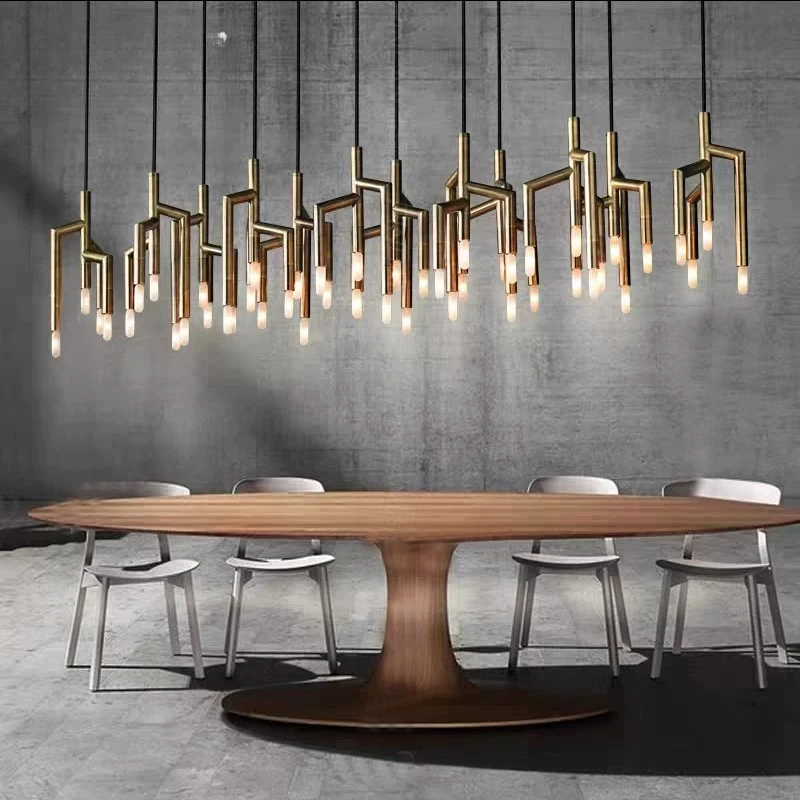 Luxury Geometric Pipe Shaped Linear Chandelier Modern Gold Metal LED Hanging Lamp Artistic Multi Head Pendant Light for Kitche