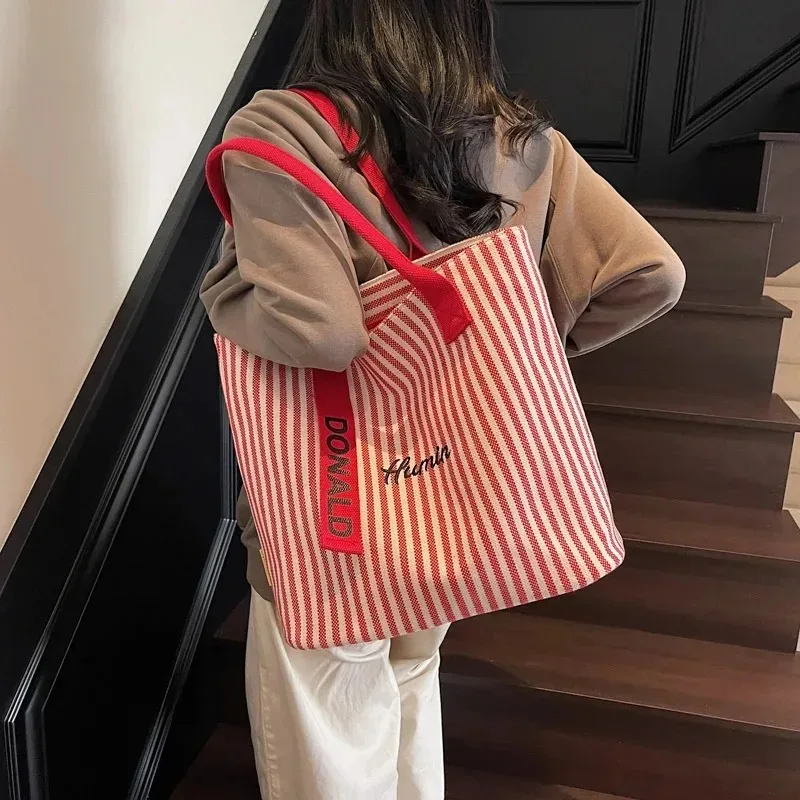 

Холщовая большая сумка большой вместимости, женская новая универсальная полосатая сумка на плечо для студенческих поездок на работу