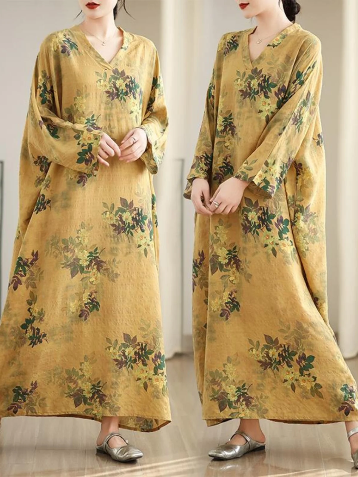 

Spring Vintage Floral Long Dress V-Neck Cotton Linen Women's Overalls Conceal Meat Slimming High Waist A-Line Skirt
