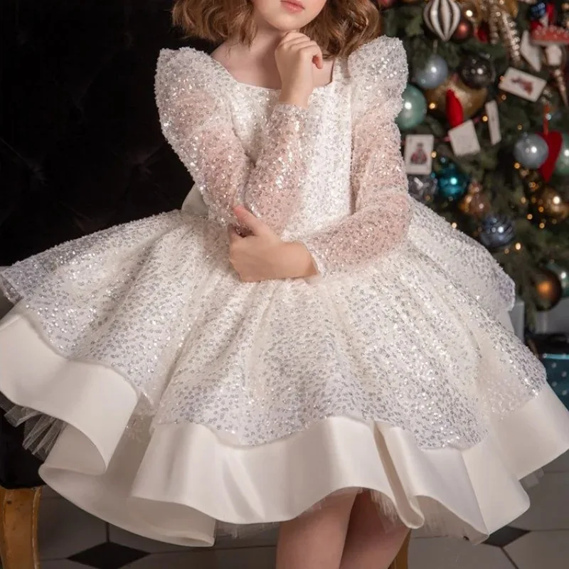 فستان فتاة الزهور لحفلات الزفاف البيضاء الجميلة المخصصة مع فستاين سهرة/فساتين الحفلات مع فيونكة ترتر للأطفال وحفلات أعياد الميلاد الأولى أنيقة #6