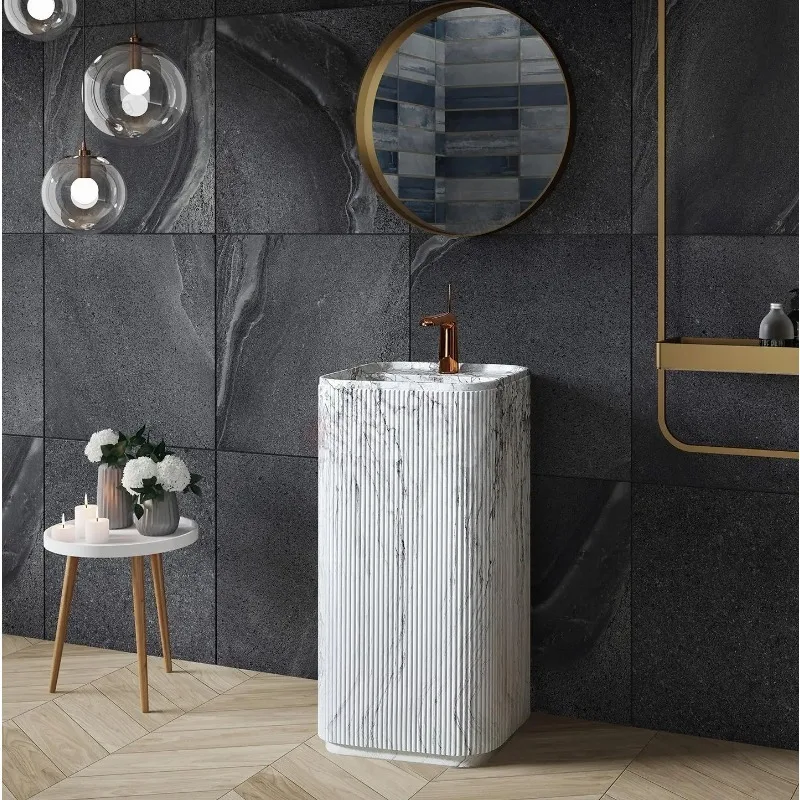 

Luxury Pedestal Sink, Italian Freestanding Artificial Marble Basin with Faucet for Hotel Villa,