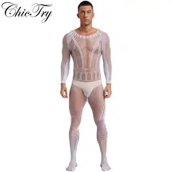 Men's Jumpsuit Hollow Out Fishnet Bodystockings Sheer See Through Bodysuit Full Stockings Lingerie Nightwear Stretchy Teddies