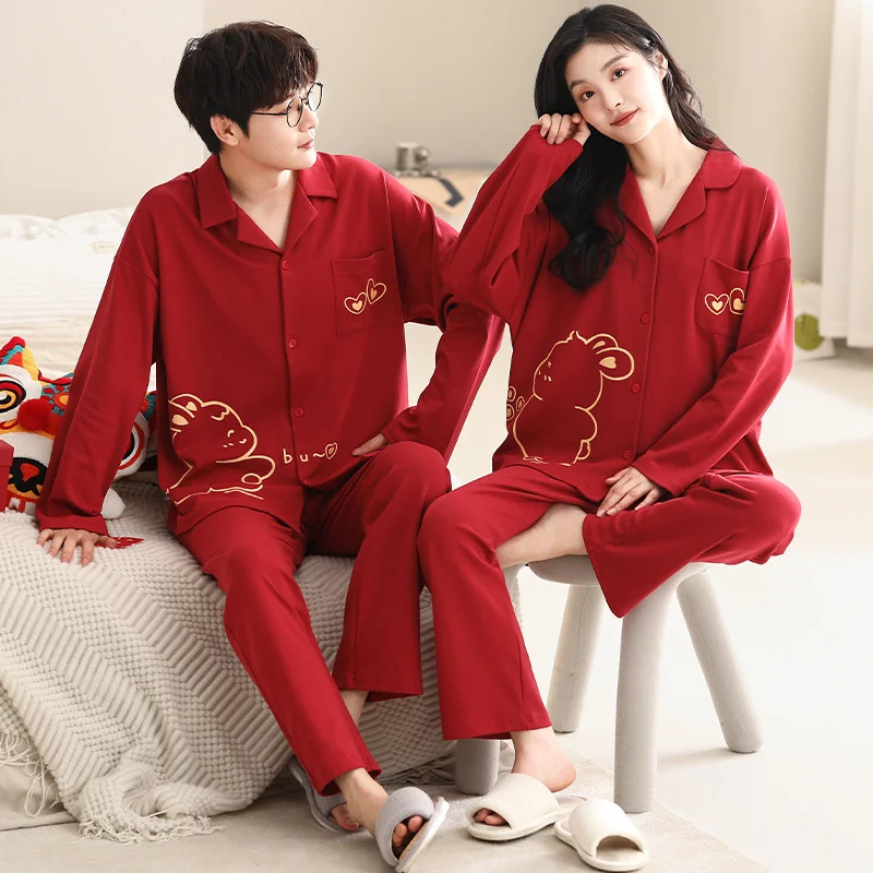 Autumn Winter Couple\'s Pajamas Pure Cotton Long Sleeved Red Women Newlywed Casual Loose Home Wear Set