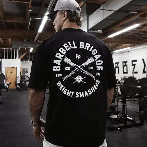 Fitness Gym Barbell Workout Skull Vintage Tee Men's Women's Black Retro Cool Graphic Print Oversized Short Sleeve Streetwear Top