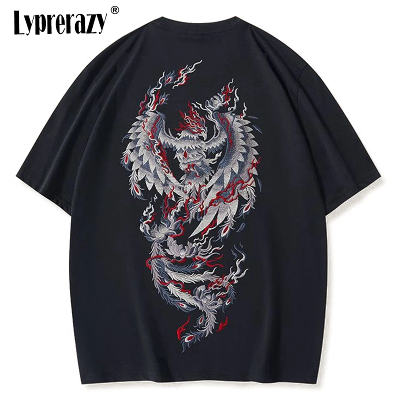 

Lyprerazy Chinese Style Phoenix Embroidery Short-sleeved T-shirt Summer National Tide Cotton Loose Men's Tee Shirt