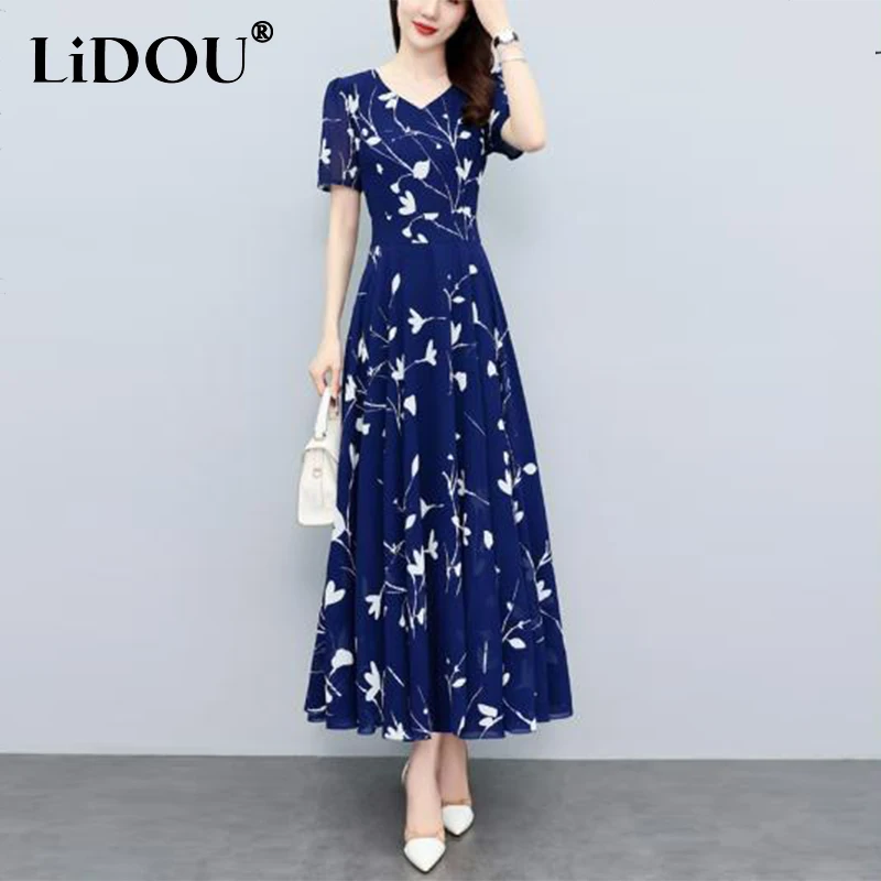 Estate nuova moda elegante Vintage stampa floreale Maxi Robe Femme scollo a v temperamento a-line abiti donna Slim Casual Dress