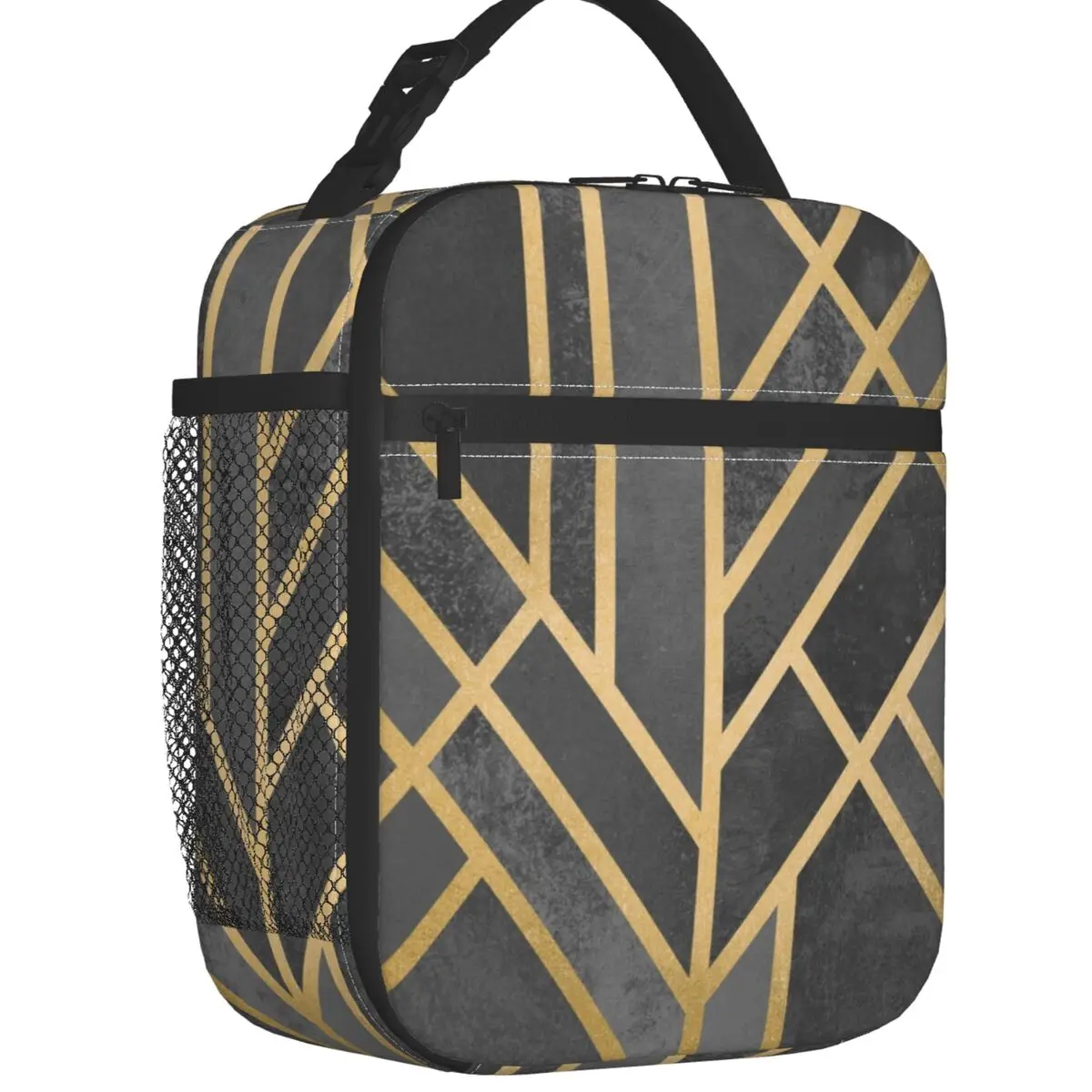 Grey Gold Geometry Art Deco Insulated Lunch Bag for Outdoor Picnic Abstract Geometry Portable Cooler Thermal Bento Box Women Kid