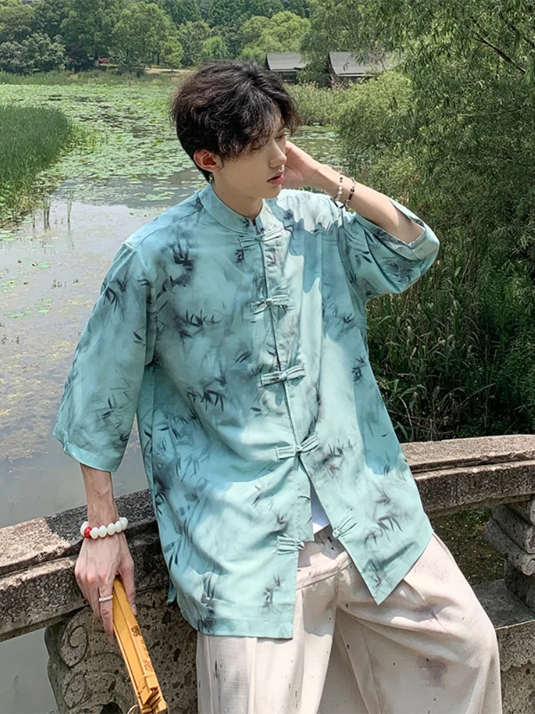 

Summer Thin Ice Silk ort Sve irt Men's New Chinese Sle Hanfu Water-Mark Dyed Ice Silk Men's Summer irt Thin pe
