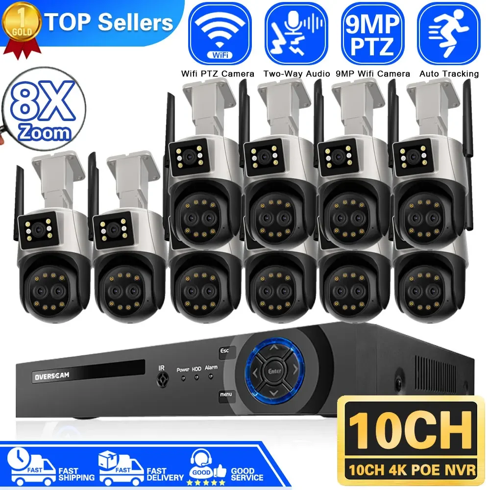 

9MP 5K Three-Lens Dual-Screen 8X Digital Zoom Camera 10CH 4K POE NVR PTZ Control Wireless Video Surveillance Security System