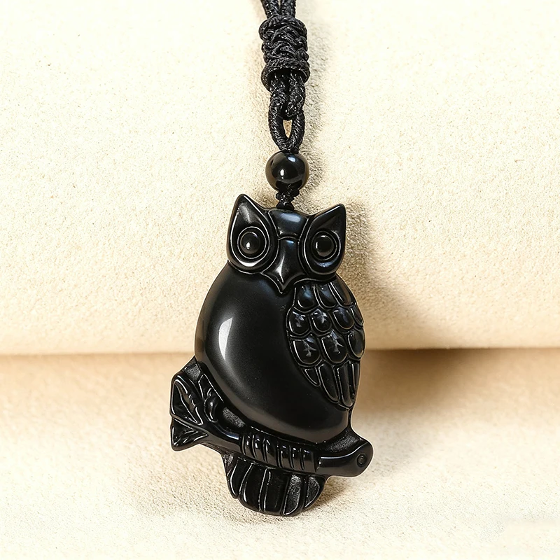 

Real Obsidian Owl Pendant Necklace Carved Vintage Accessories Amulet Natural Jewelry Men Fashion Luxury Gemstone Gift