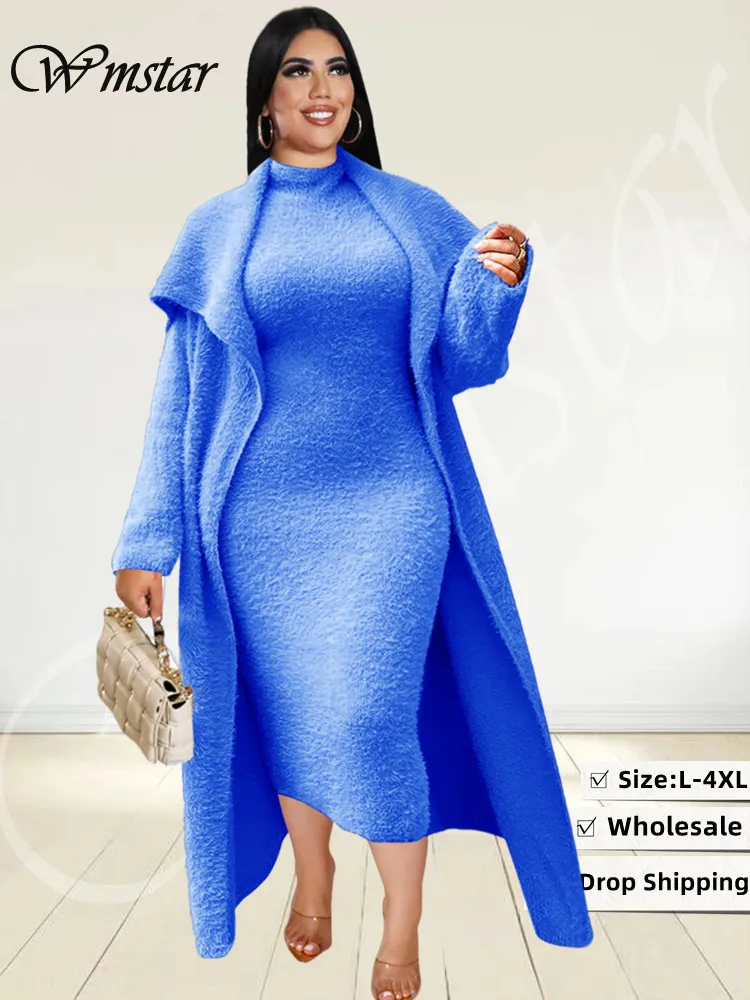 Wmstar-Vestido combinando feminino e terno combinando cardigan, roupas plus size, roupas de 2 peças, vestidos com cinto, atacado, Dropshipping