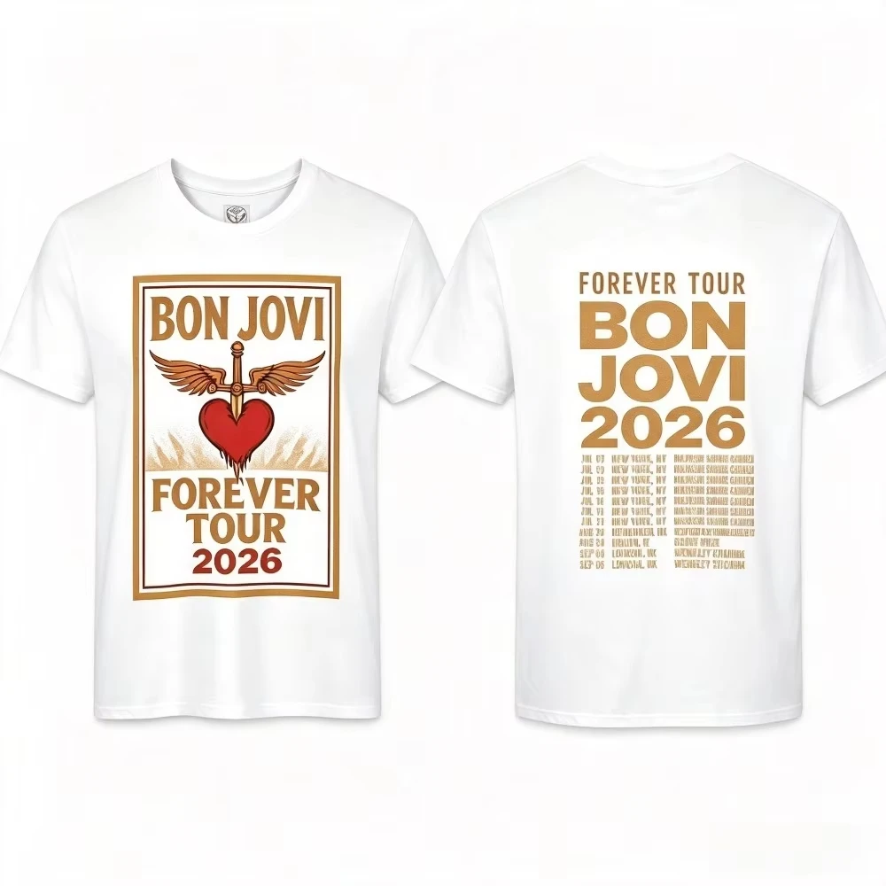 Vintage Casual Crew Neck Short Sleeve T-shirt with Rock Graphics of Bon Jovi Forever Tour 2026 T-Shirt