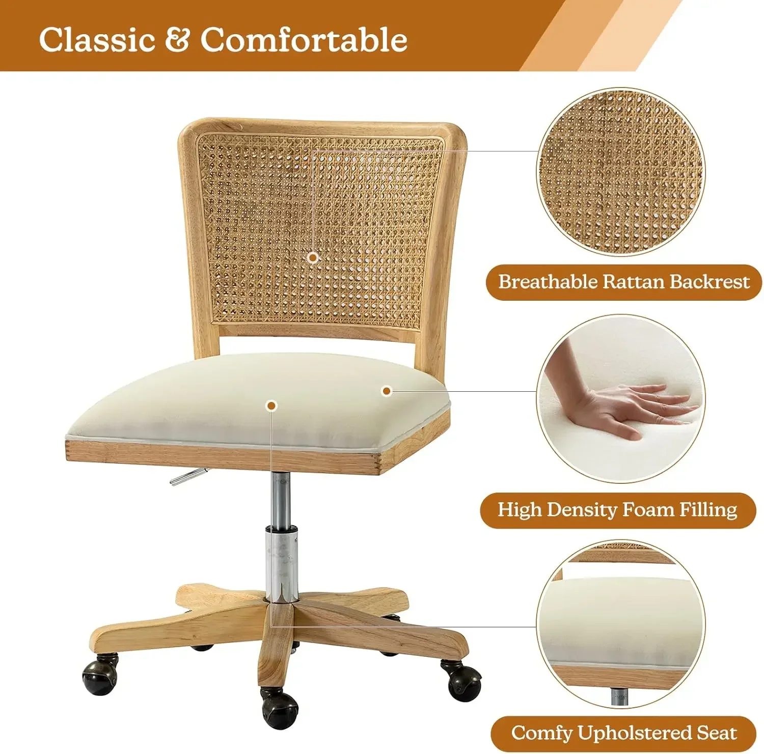 Office Chair Comfortable Upholstered Armless Desk Chair, Adjustable Swivel Rolling Computer Chair with Rattan Mid-Back Support,