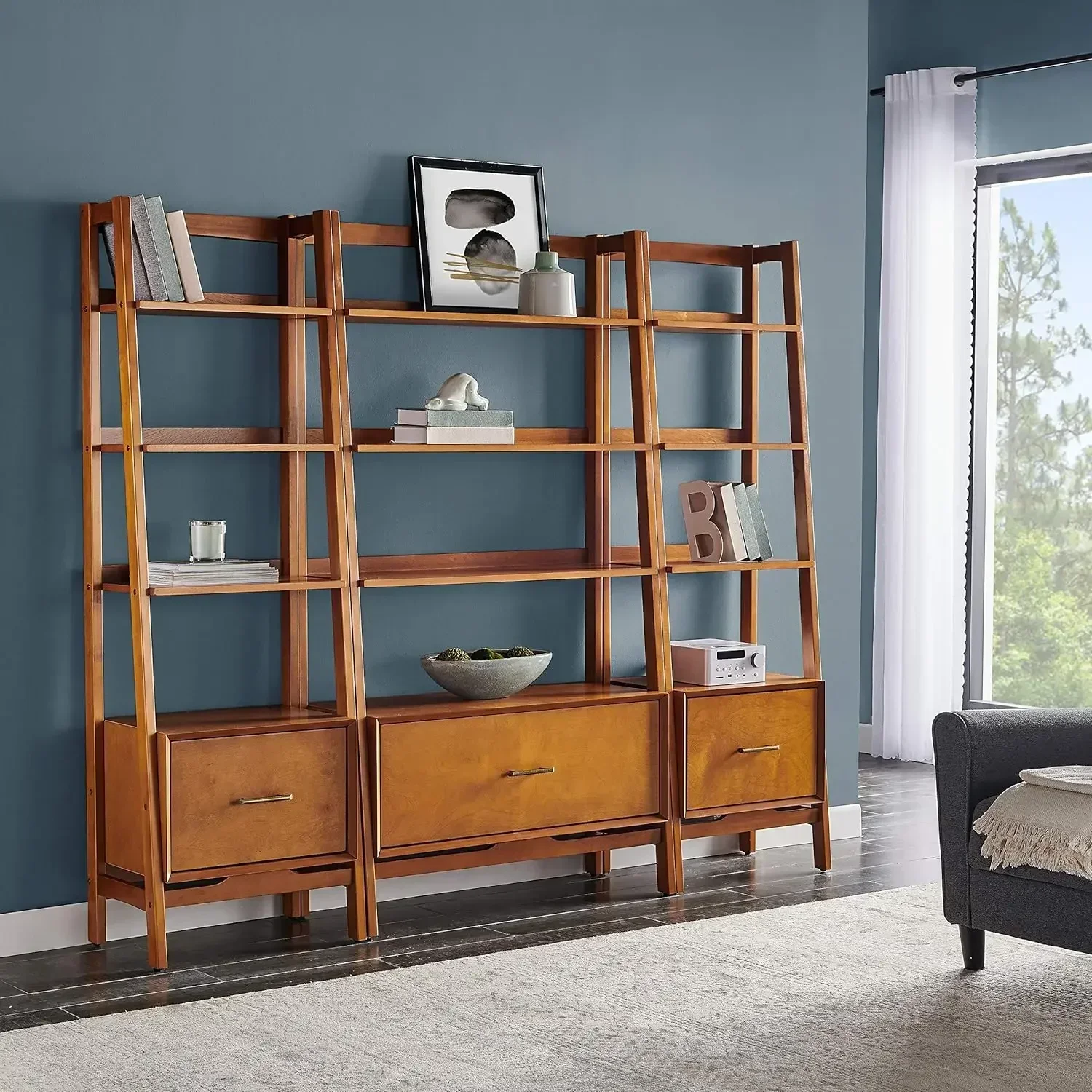 Customizable-3-Piece Bookshelf Etagere Set, Bookcase With Shelves And File Drawers, Acorn