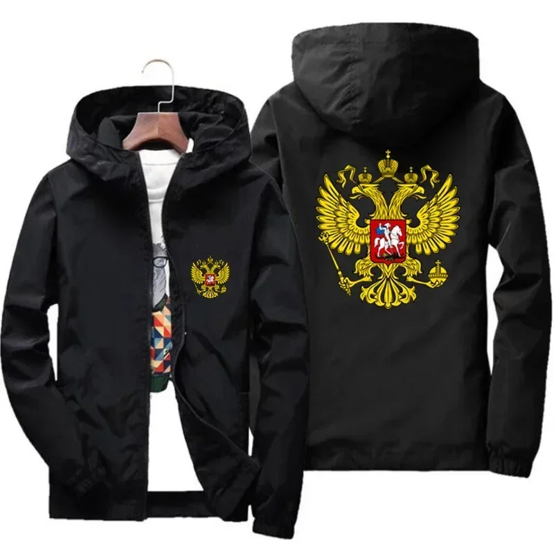 Men Coat Of Arms Of Russia Eagle Motorcycle Parkas Thin Windbreaker Windproof Bomber Zipper Hooded Jacket Plus Size New Overcoat