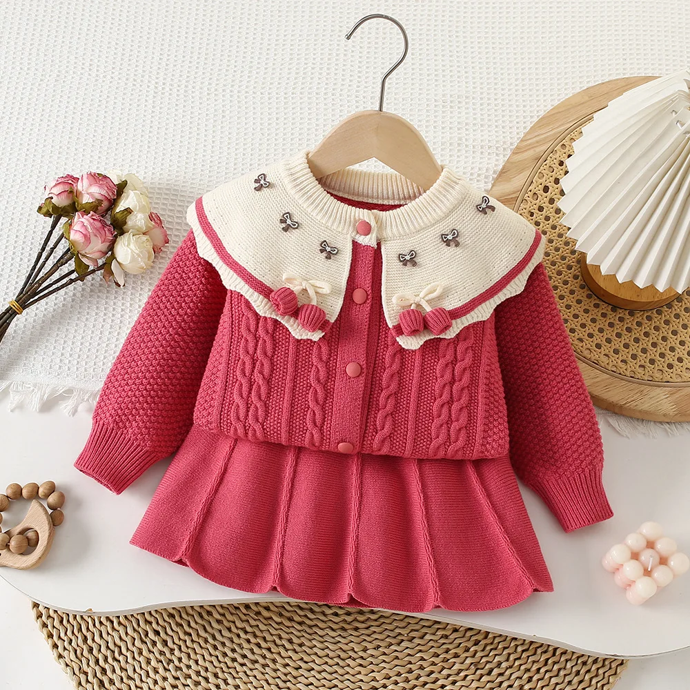 Kawaii الطفل سترة تنورة فتاة الخريف الشتاء جديد محبوك تنورة الأميرة ملابس الأطفال موضة الدفء طويلة الأكمام