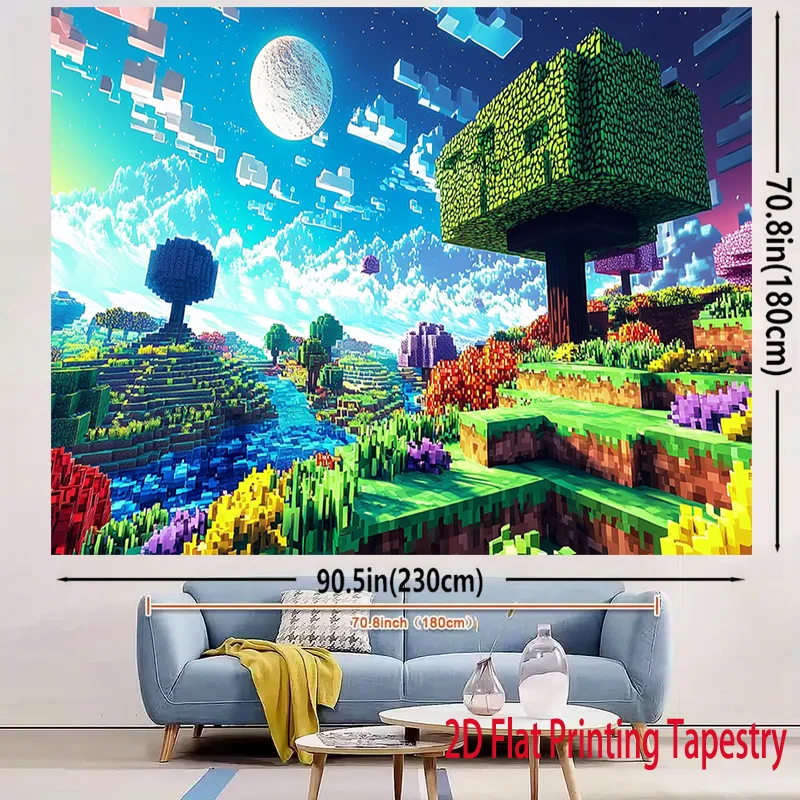 2D Flat, Game tapestry, pixelated square landscape tree moon fantasy game bedroom children's room decorative poster