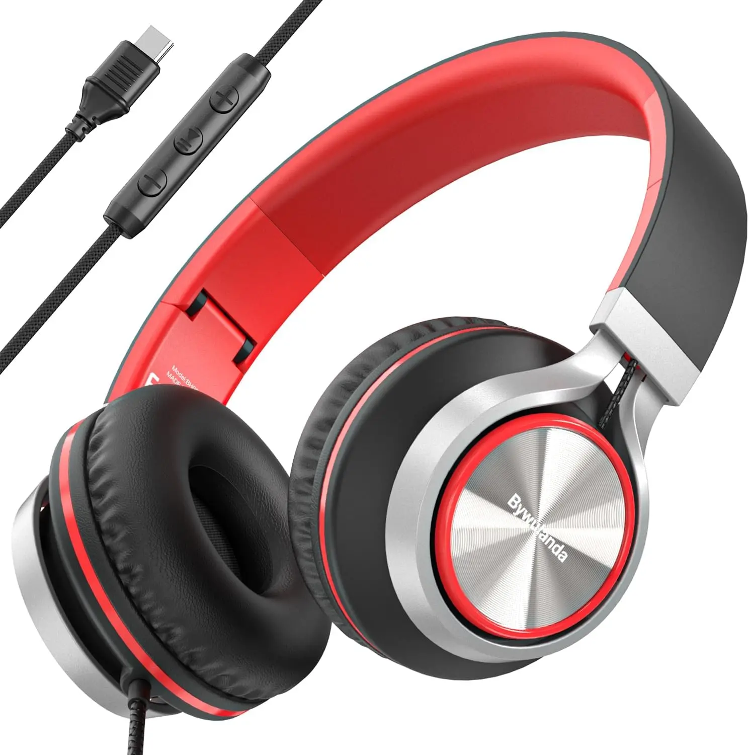 USB C Headphones with Mic and Volume Control, Over Ear Stereo Headsets for iPhone 15 16 Pro, Wired Foldable Headphones-Black/Red