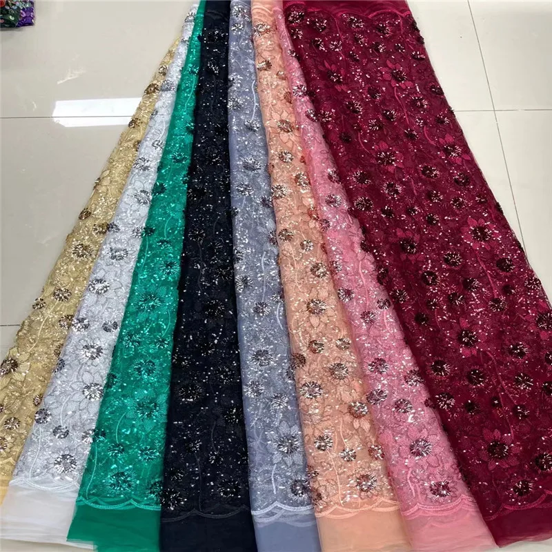 

African Tulle Lace Fabric 2023 High Quality Lace Nigerian Embroidered Cord Lace Fabrics With Sequins For Wedding Sewing