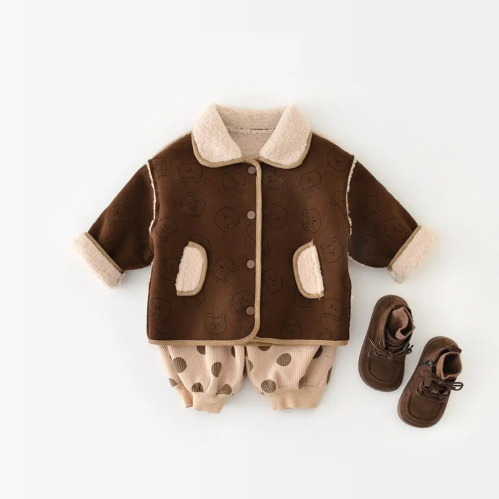 

2025 Winter New Baby Fleece Warm Coat Infant Girls Cute Bear Lapel Jacket Plus Velvet Thick Boys Double Sided Windproof Coat