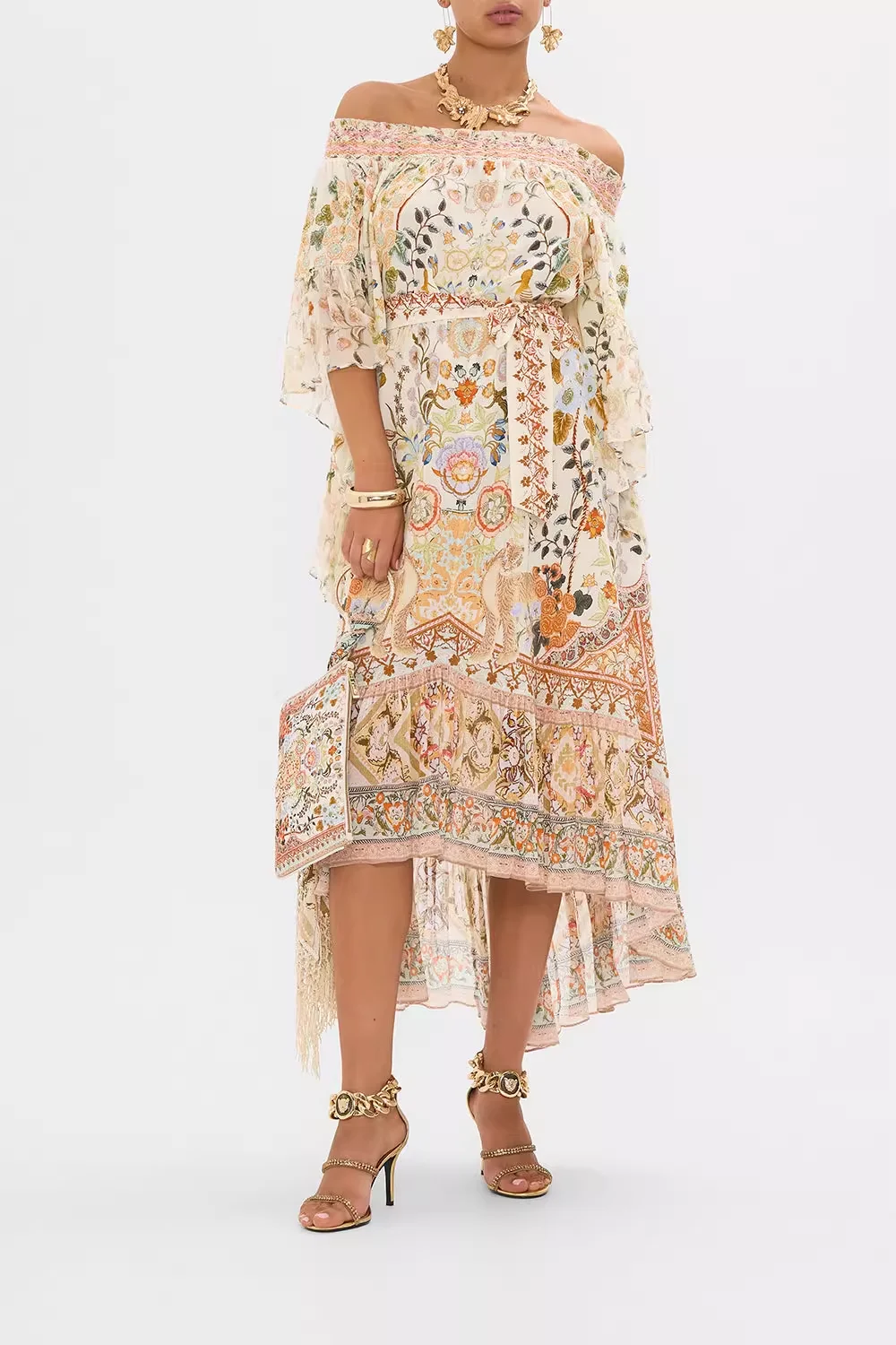 

Женское длинное платье из 100% шелка с цветочным принтом, многослойное платье с расклешенными рукавами, расшитое бисером, с разрезом на шее, на шнуровке на талии, праздничный женский халат