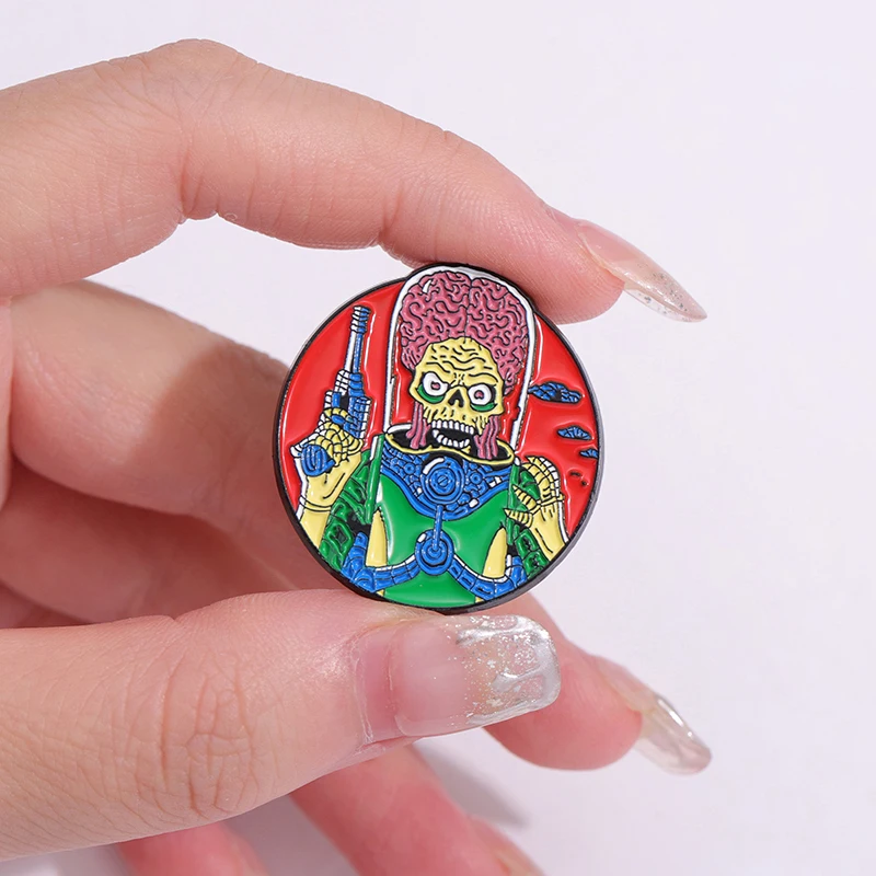 Cartoon Brooch Enamel Pin Scary Brain Alien The Martians Metal Badge Punk Halloween Lapel Pin Jewelry