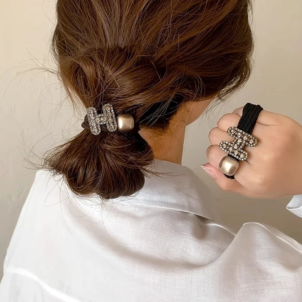 Elegant Rhinestone H Hair Rope With Faux Pearl Black Brown Color Rubber Band For Ponytail Holder Women Girls Party Headwear