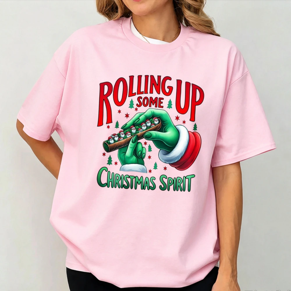 Rolling Up Some Christmas Spirit Graphic Tee Print Short Sleeve Christmas Party Casual T-Shirt Tops Gift Vintage Women Clothing