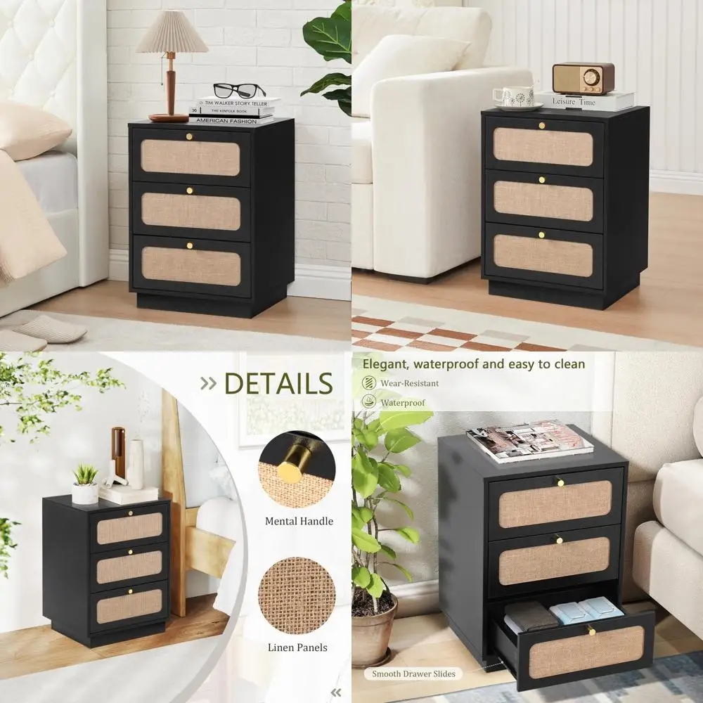 منضدة مزرعة ذات 3 أدراج من منتصف القرن مع مساحة تخزين، طاولة بجانب السرير الحديثة، لوحة كتان منحنية، طاولة نهاية للتخزين لـ B