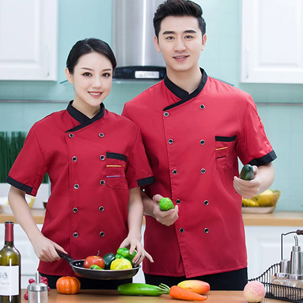 Unisex koksjas met korte mouwen L Wijnrood Premium materiaal Ademend Oliebestendig Gemakkelijk te wassen Praktische keukenbenodigdheden