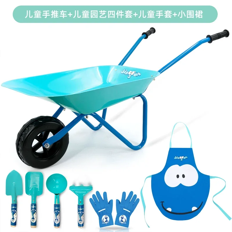 Full Metal  Wheelbarrow Garden Toy Set, Pink Sand Play Trolley with 4 Gardening Tools Apron Gloves